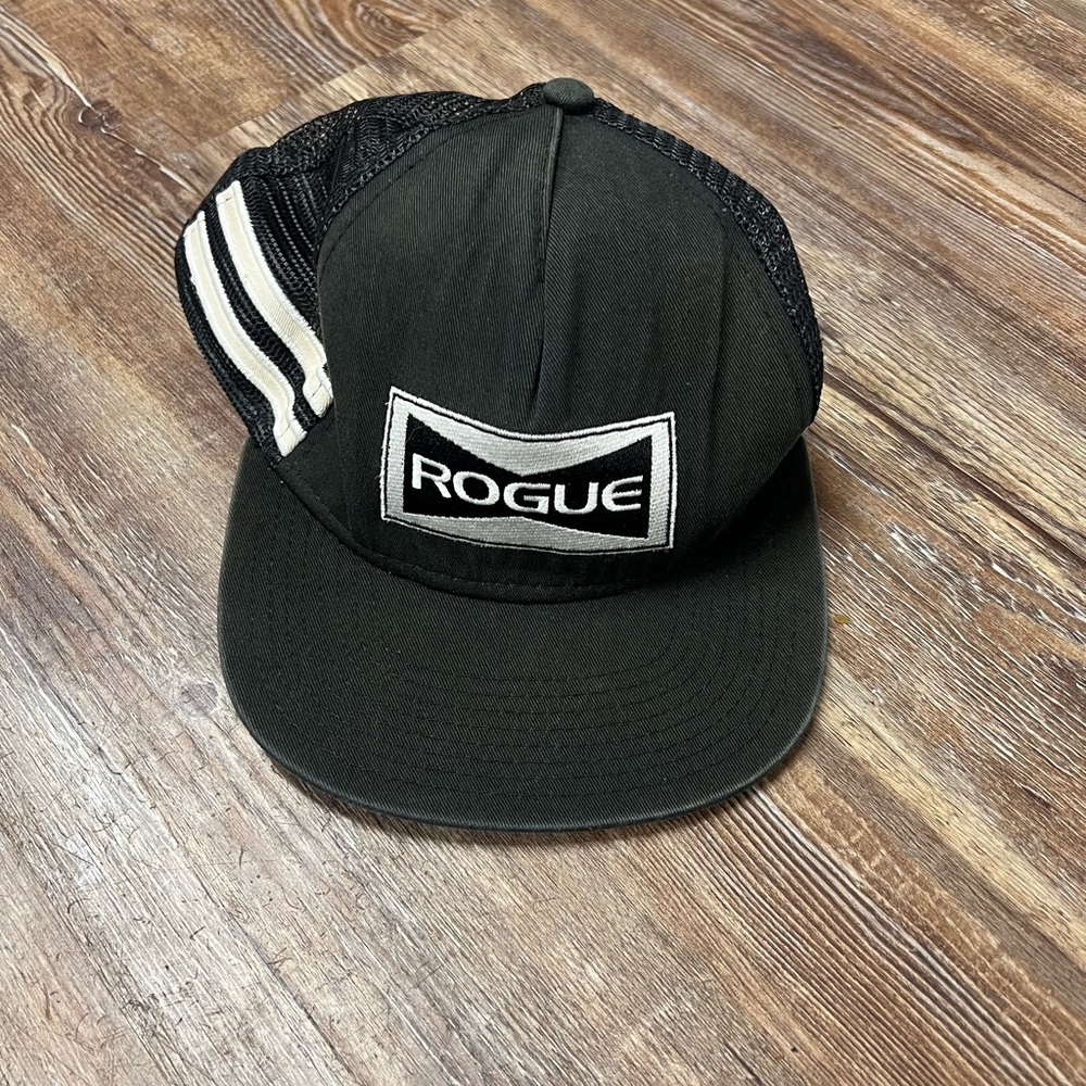 Black and white Rogue trucker hat with adjustable snapback